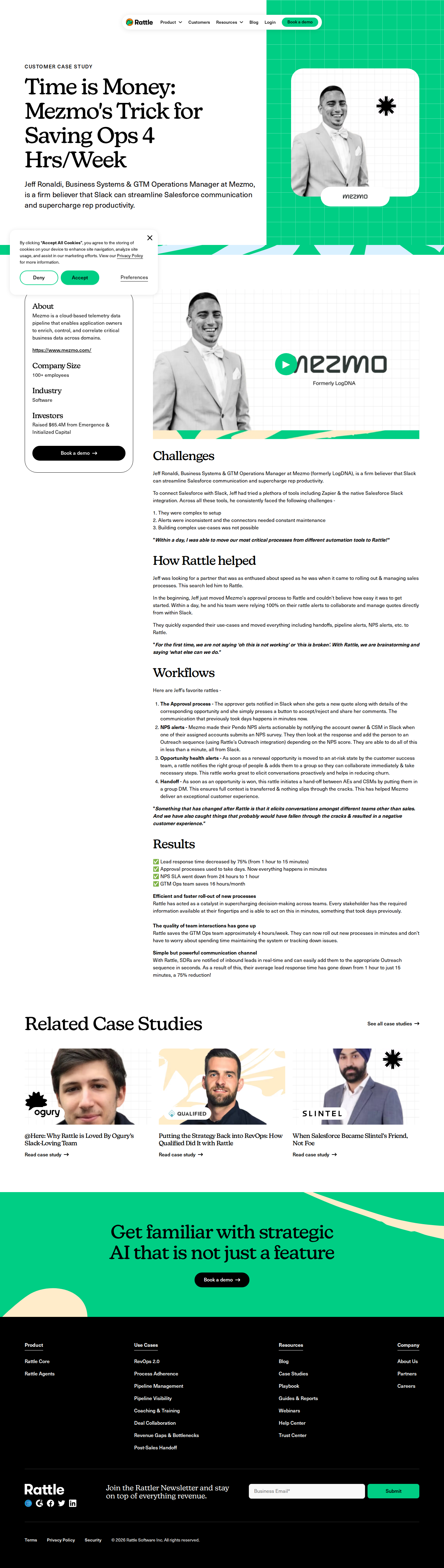 Screenshot of Rattle x Mezmo, 4 hours/week saved by replacing broken Salesforce-Slack connectors