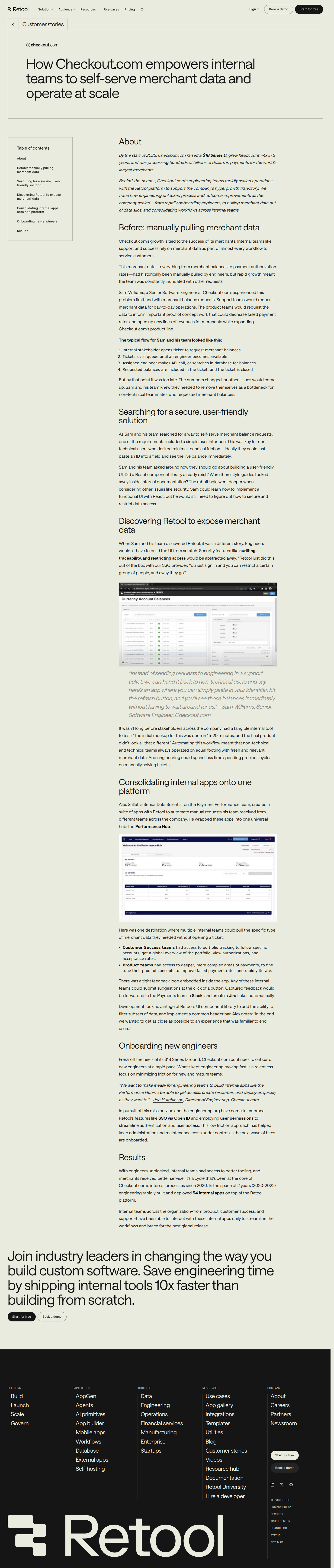 Screenshot of Retool x Checkout.com, from engineering bottleneck to self-serve merchant data