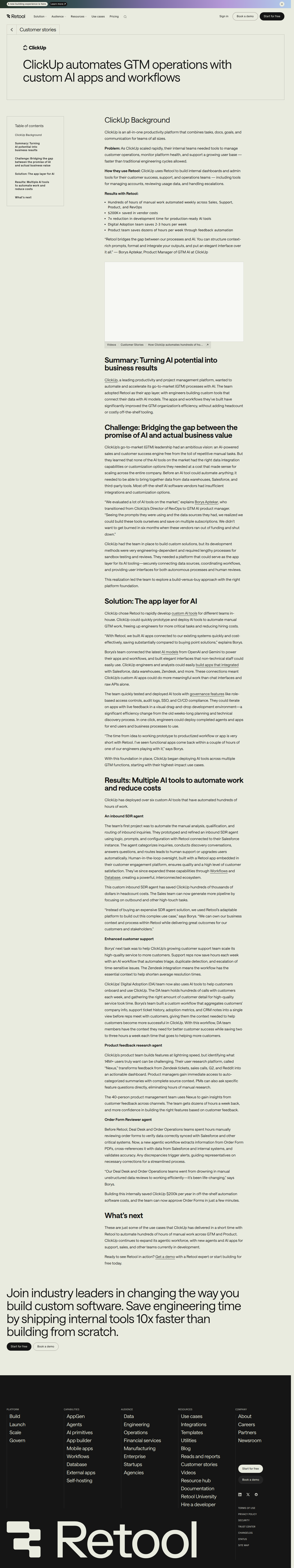 Full screenshot of Retool x ClickUp, off-the-shelf AI tools didn't fit so they built their own
