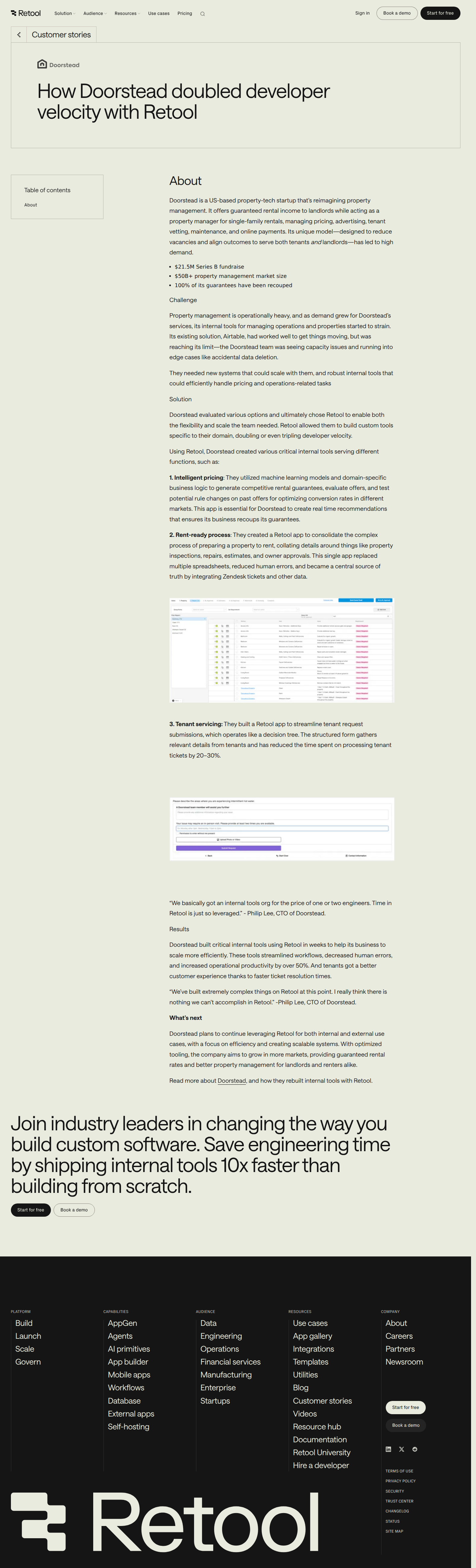 Screenshot of Retool x Doorstead, doubling developer velocity in property-tech