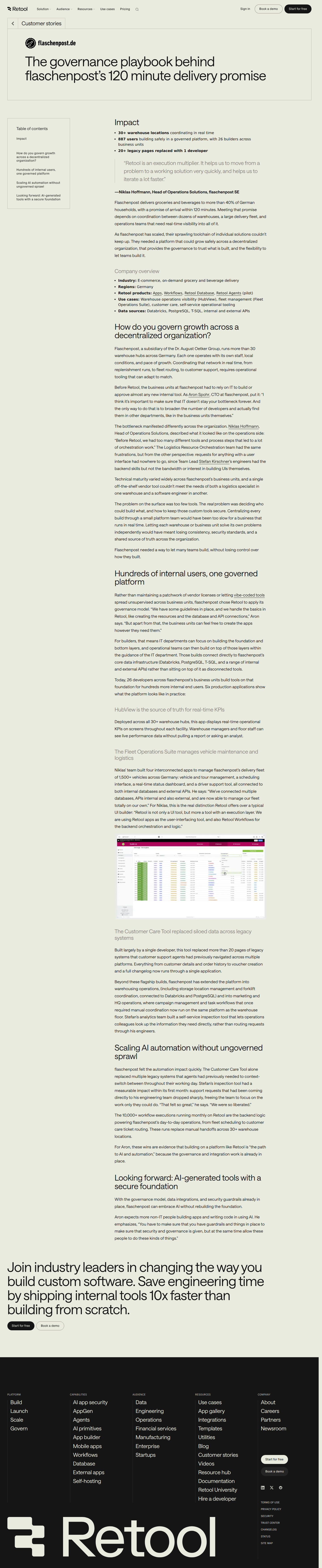 Screenshot of Retool x flaschenpost, governed self-service tooling across 30+ warehouses