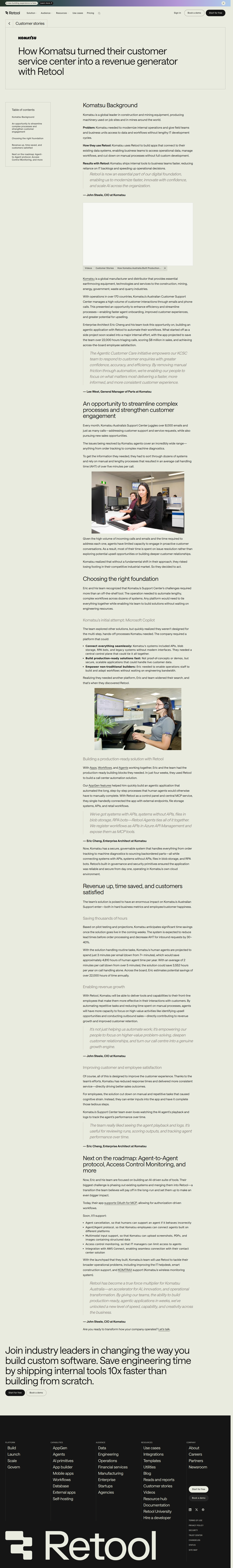Full screenshot of Retool x Komatsu, turning a call center into a revenue engine with agentic AI