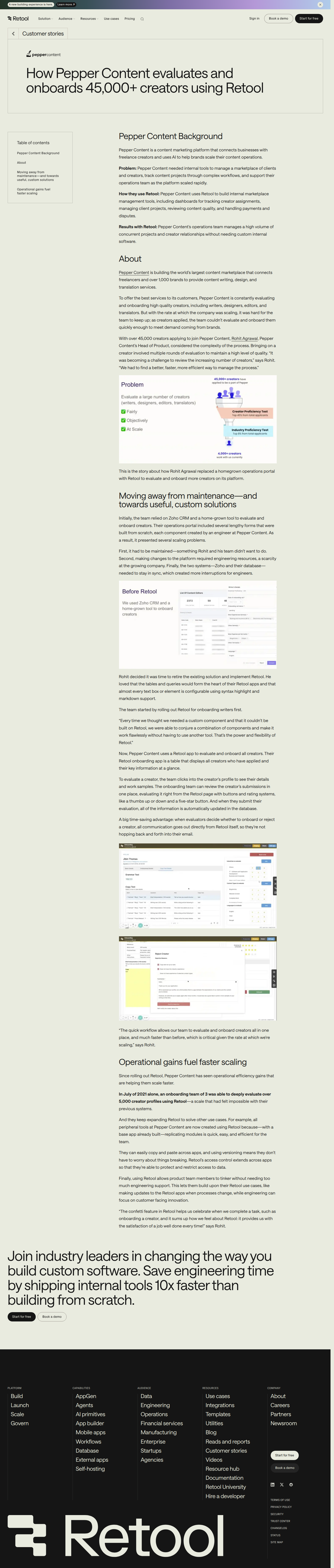 Screenshot of Retool x Pepper Content, unblocking a 45,000-creator onboarding backlog