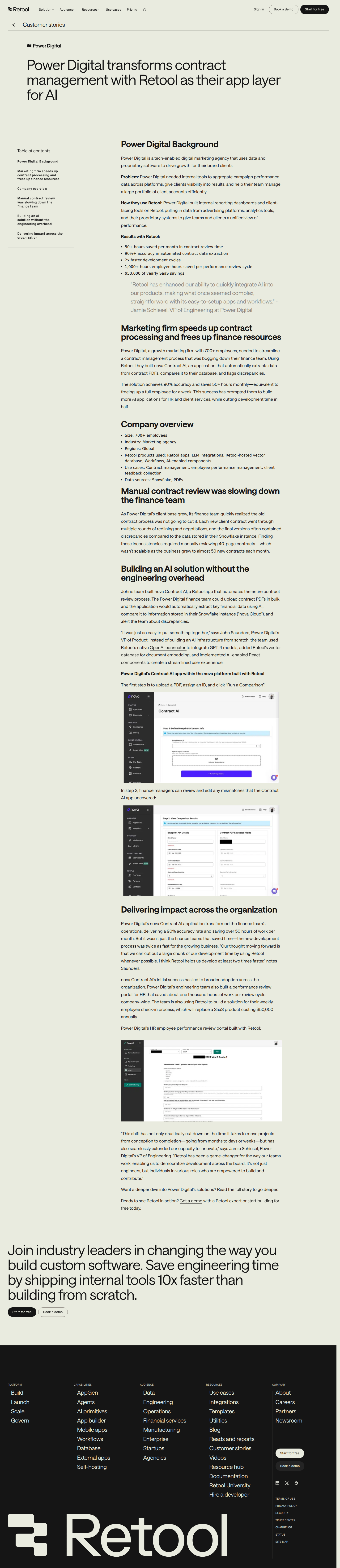 Screenshot of Retool x Power Digital, AI contract review cuts 50+ hours monthly