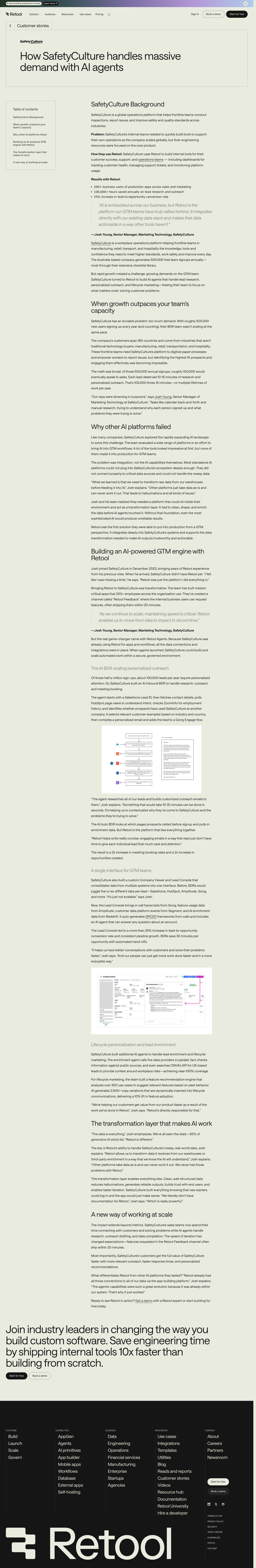 Full screenshot of Retool x SafetyCulture: AI agents absorb a million minutes of lead research