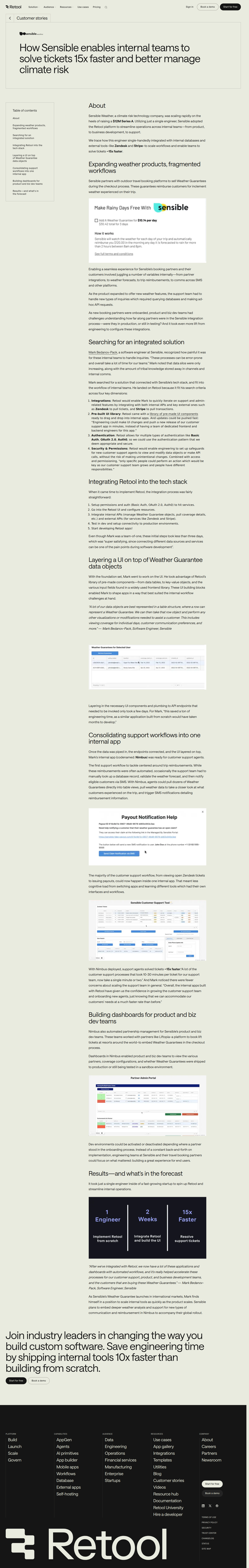 Screenshot of Retool x Sensible Weather, one engineer cuts ticket time 15x