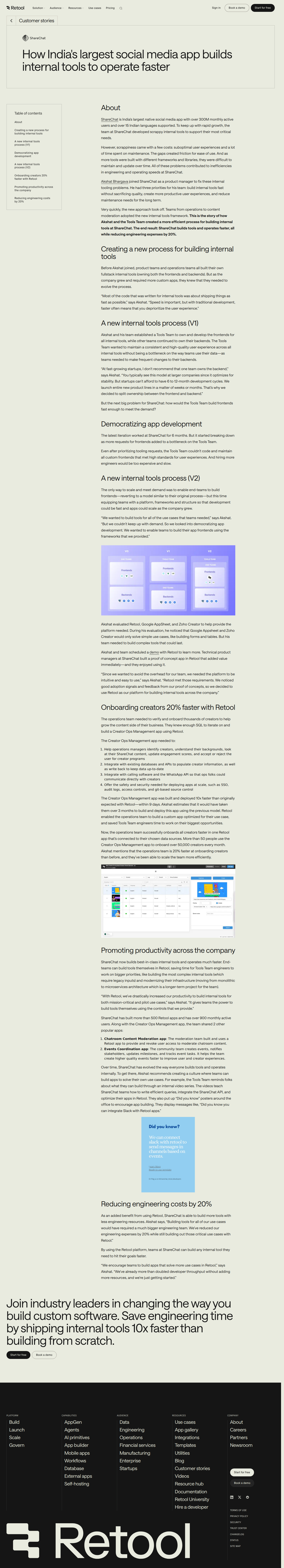 Screenshot of Retool x ShareChat: 20% lower engineering costs at 300M-user scale
