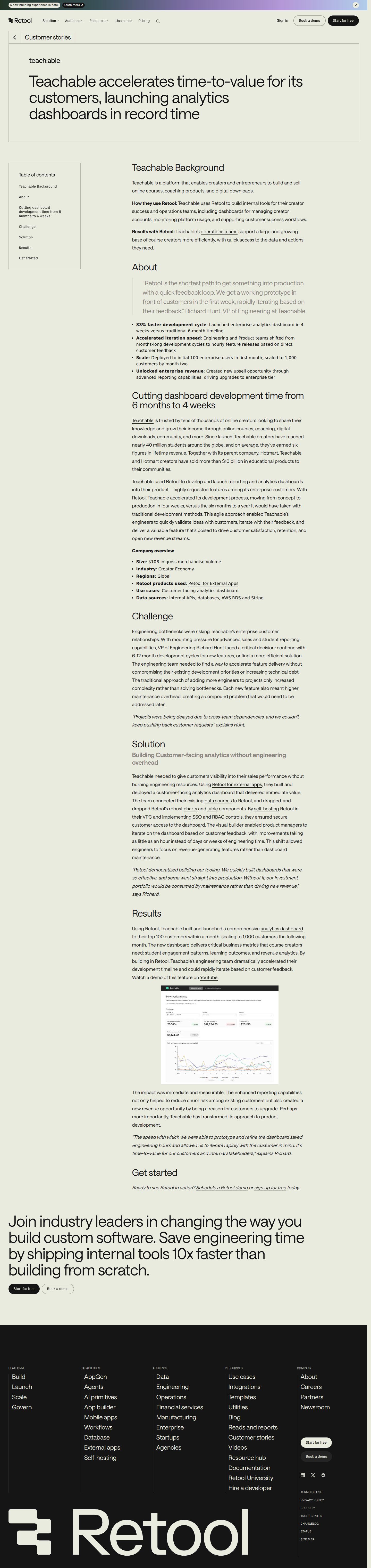 Full screenshot of Retool x Teachable, from 6-month dev cycles to 4 weeks