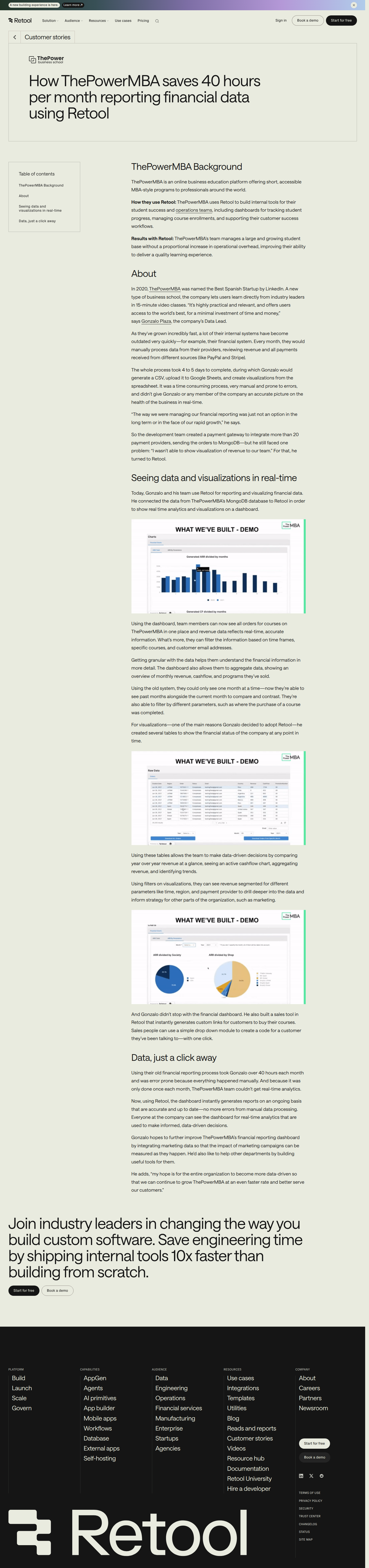 Full screenshot of Retool x ThePowerMBA: 40 hours a month clawed back from manual reporting