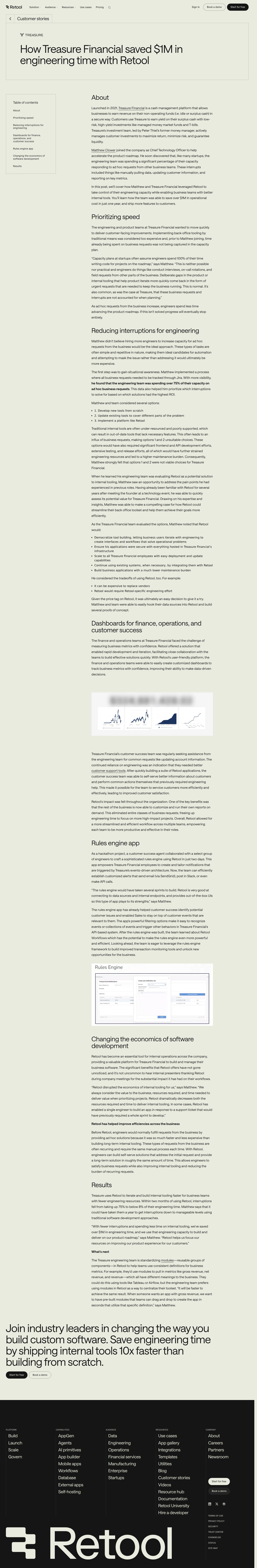 Screenshot of Retool x Treasure Financial, $1M saved by cutting engineering interruptions