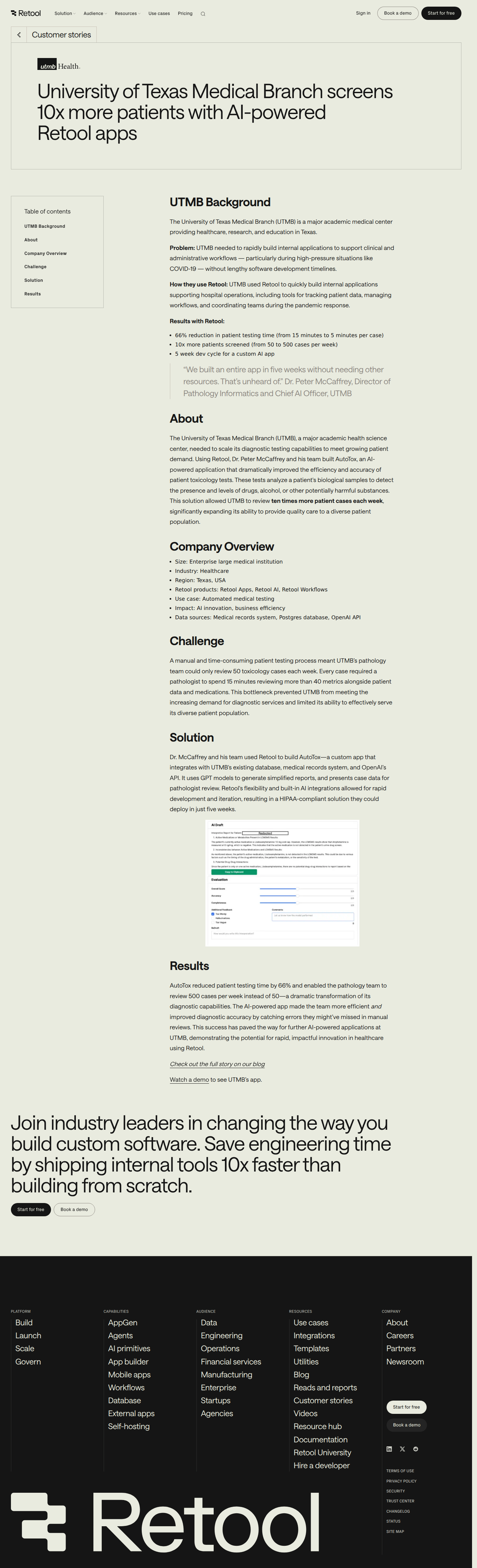 Screenshot of Retool x UTMB, 10x patient screening with AI-powered AutoTox