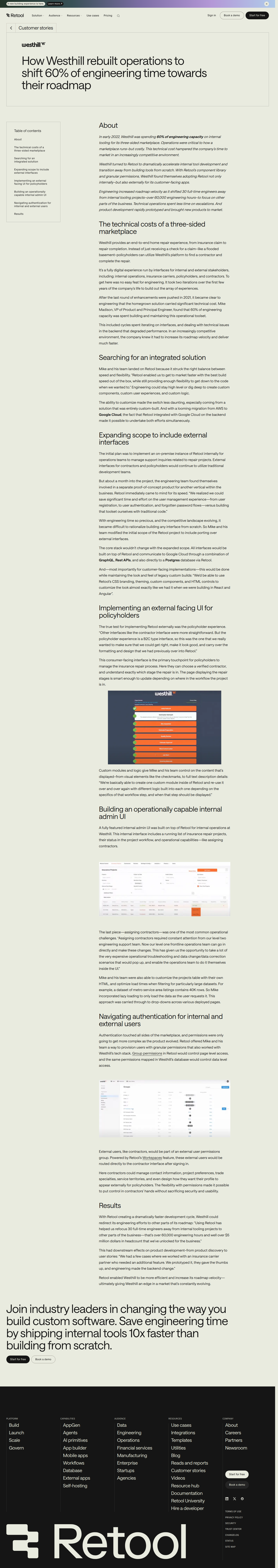 Full screenshot of Retool x Westhill, 60% of engineering freed from internal tooling