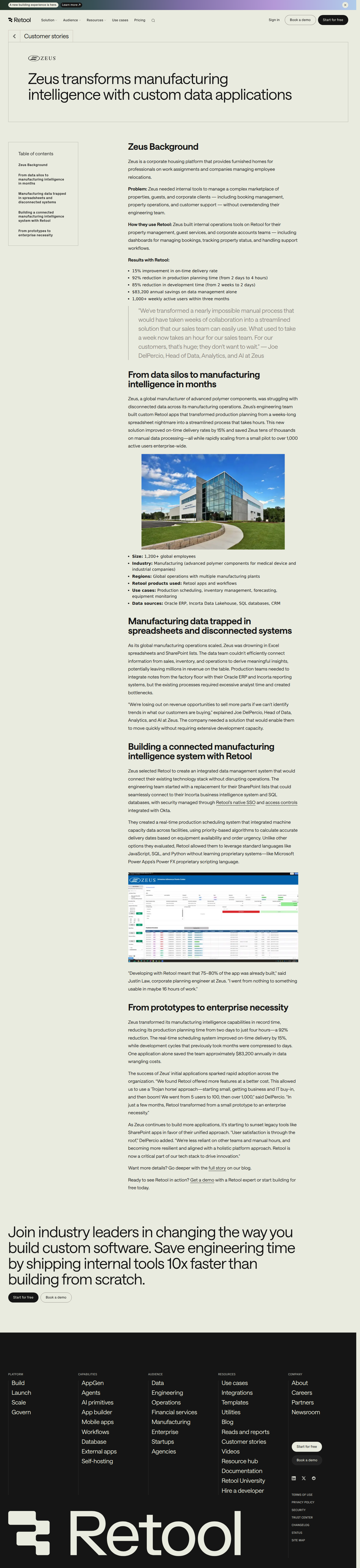 Full screenshot of Retool x Zeus, unblocking manufacturing intelligence at scale