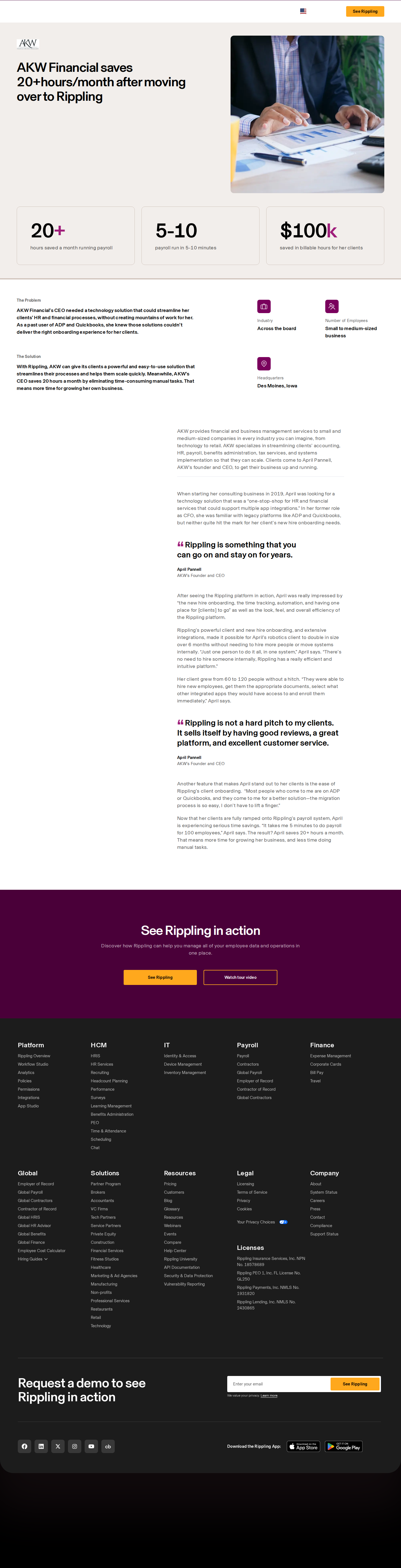 Full screenshot of Rippling x AKW Financial, 20+ hours saved monthly on payroll