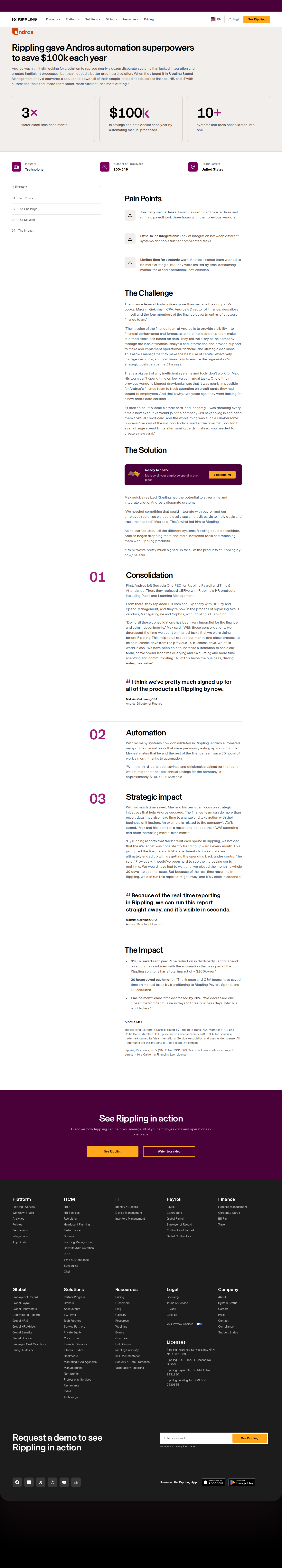 Full screenshot of Rippling x Andros: $100k saved by consolidating 10+ tools into one
