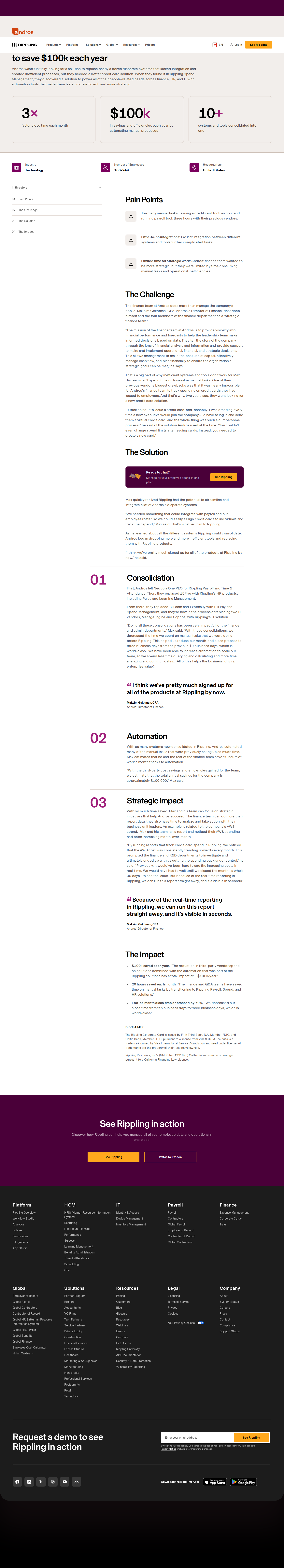 Full screenshot of Rippling x Andros: $100k saved by consolidating a dozen tools into one