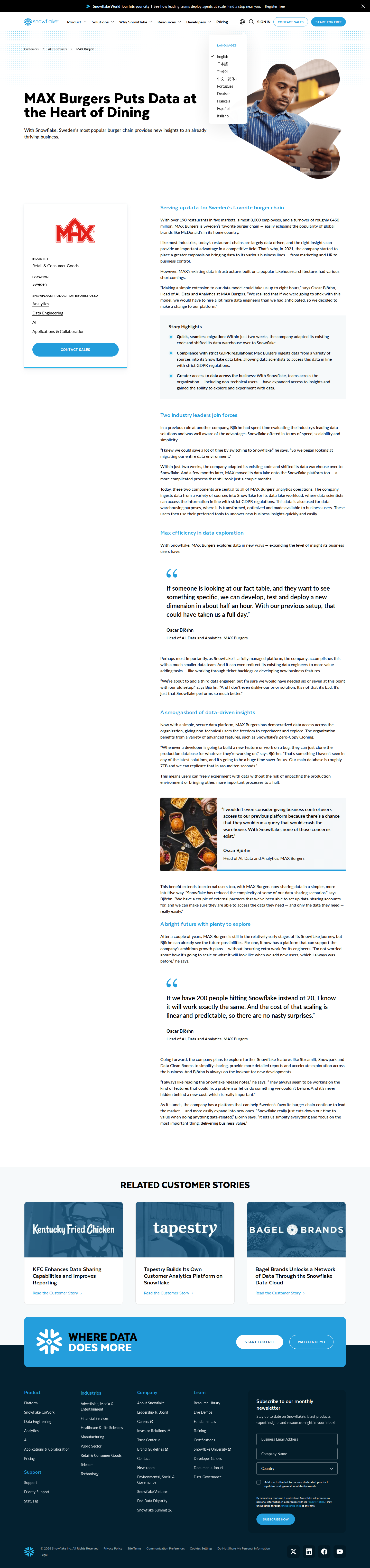 Screenshot of Snowflake x MAX Burgers, fewer engineers more insight