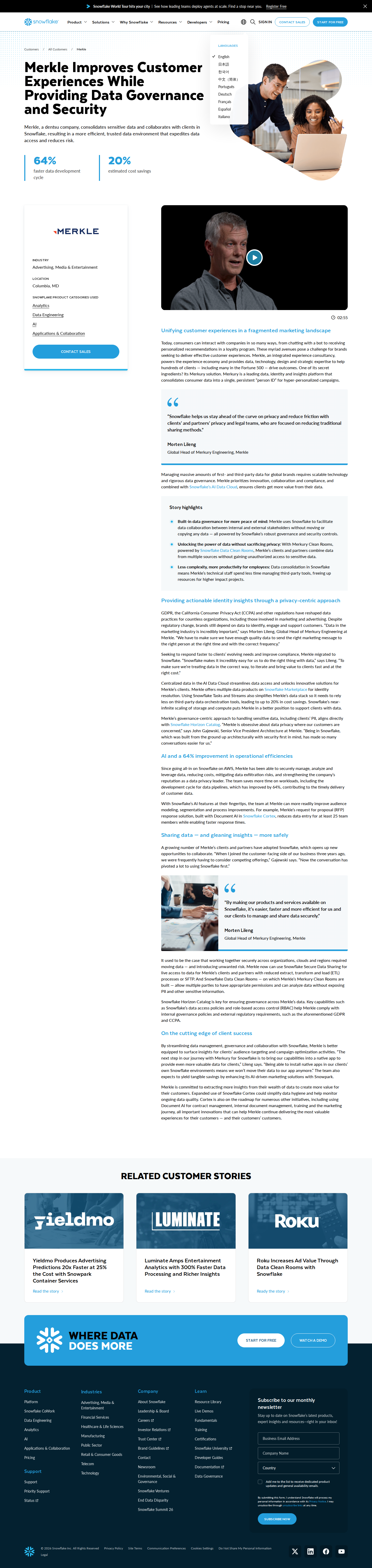 Full screenshot of Snowflake x Merkle, 64% faster data development with built-in governance