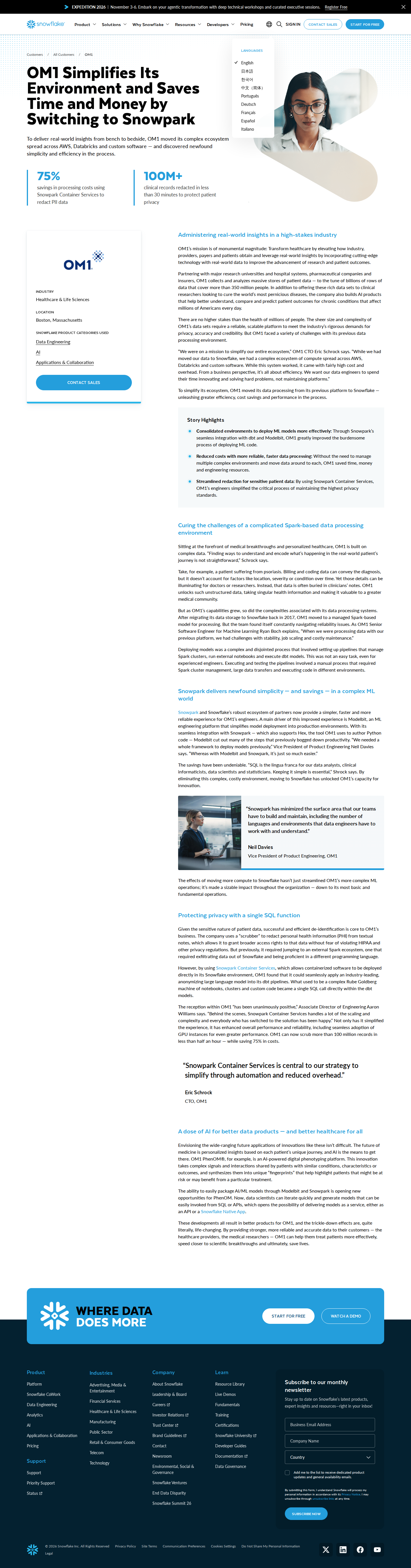 Screenshot of Snowflake x OM1, 75% cost cut by consolidating a sprawling ML stack
