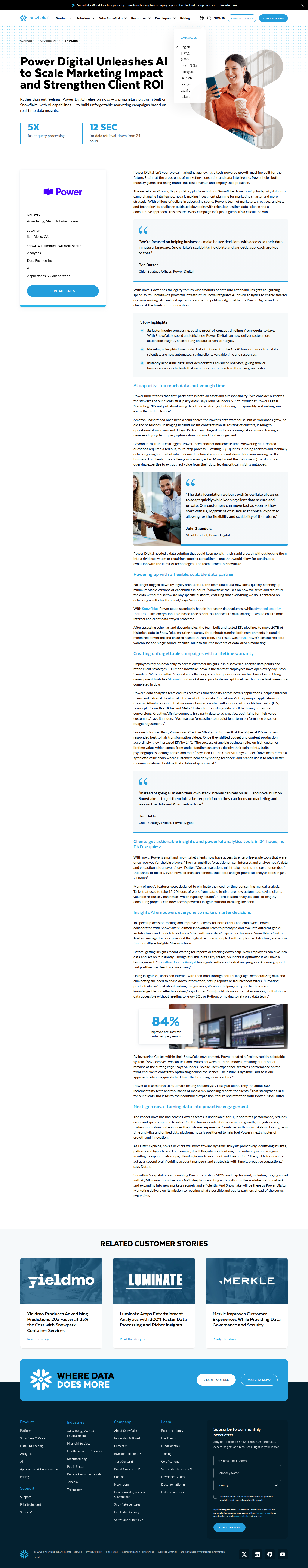 Full screenshot of Snowflake x Power Digital, building a proprietary AI marketing platform that was previously impossible