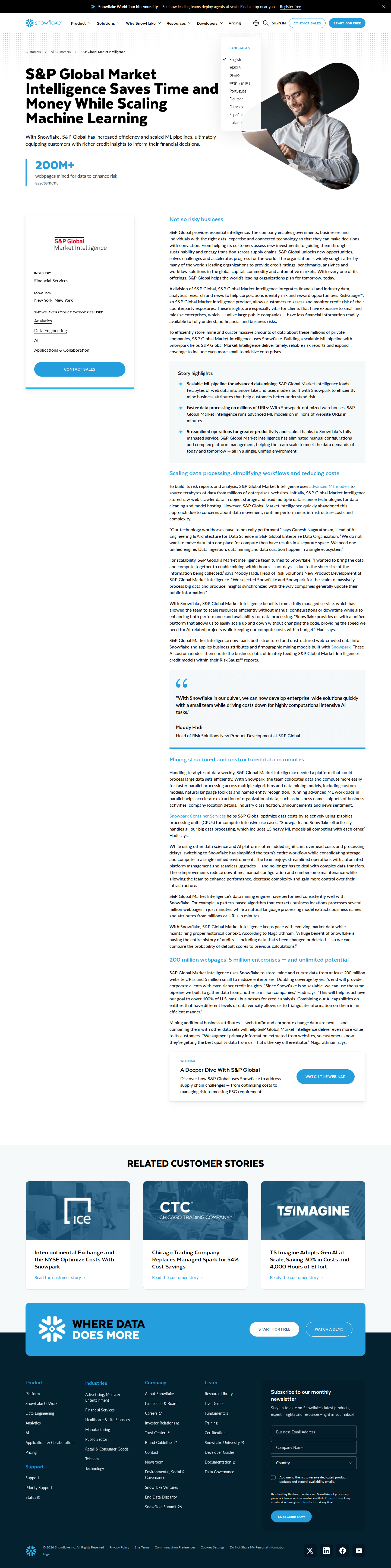 Screenshot of Snowflake x S&P Global Market Intelligence, scaling ML pipelines while cutting cost and complexity