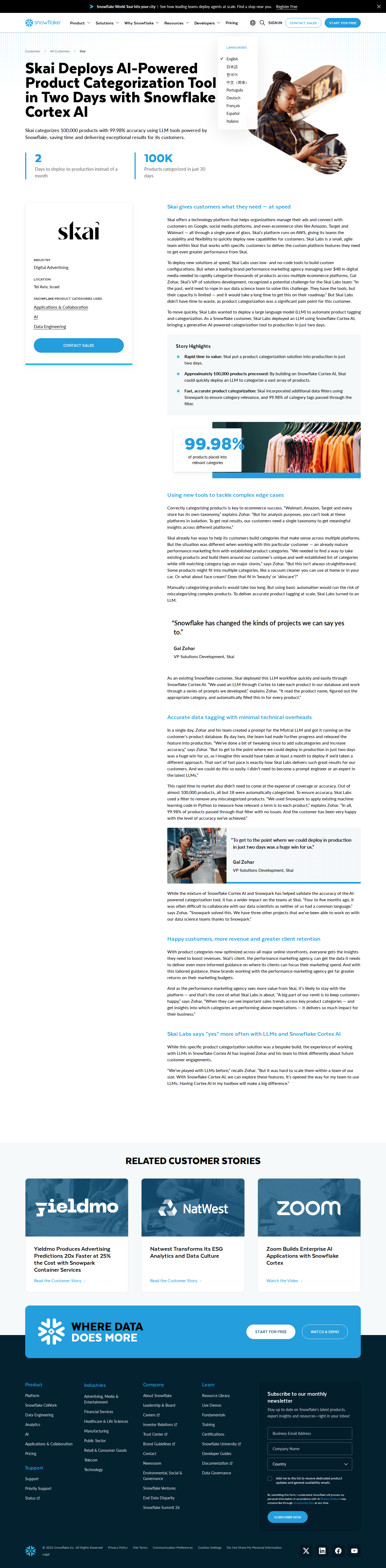 Full screenshot of Snowflake x Skai, LLM categorization shipped in two days without data science