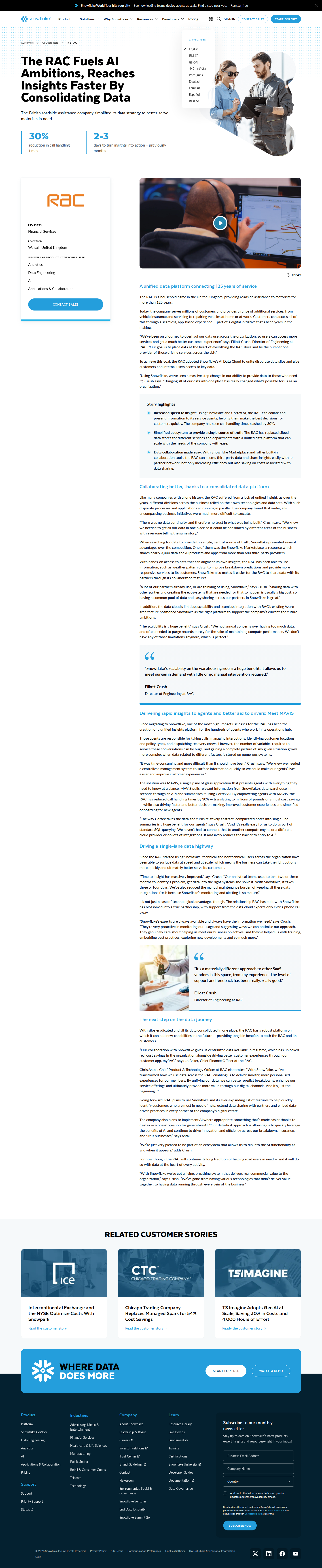 Screenshot of Snowflake x The RAC, 30% faster call handling through unified data