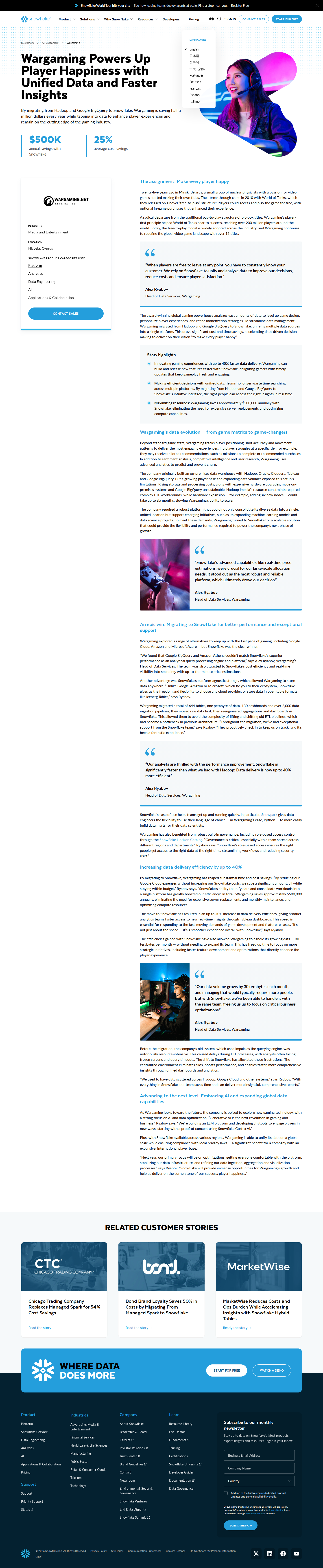 Full screenshot of Snowflake x Wargaming, $500K saved by ditching Hadoop and BigQuery