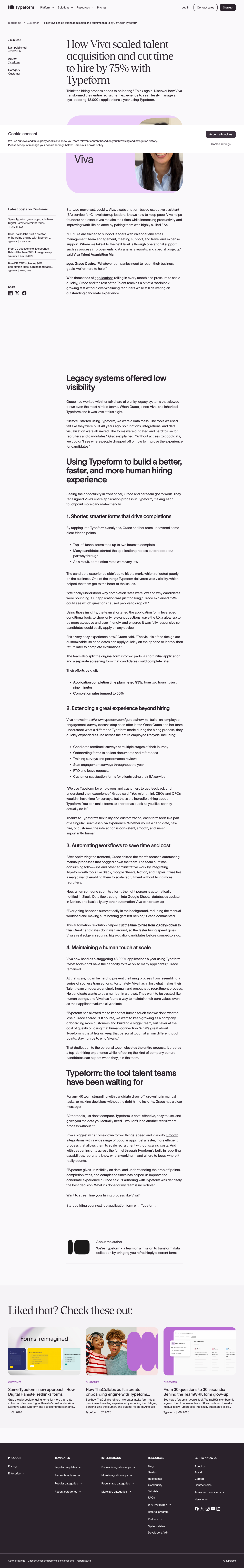 Screenshot of Typeform x Viva, 75% faster hiring at 48k applications a year