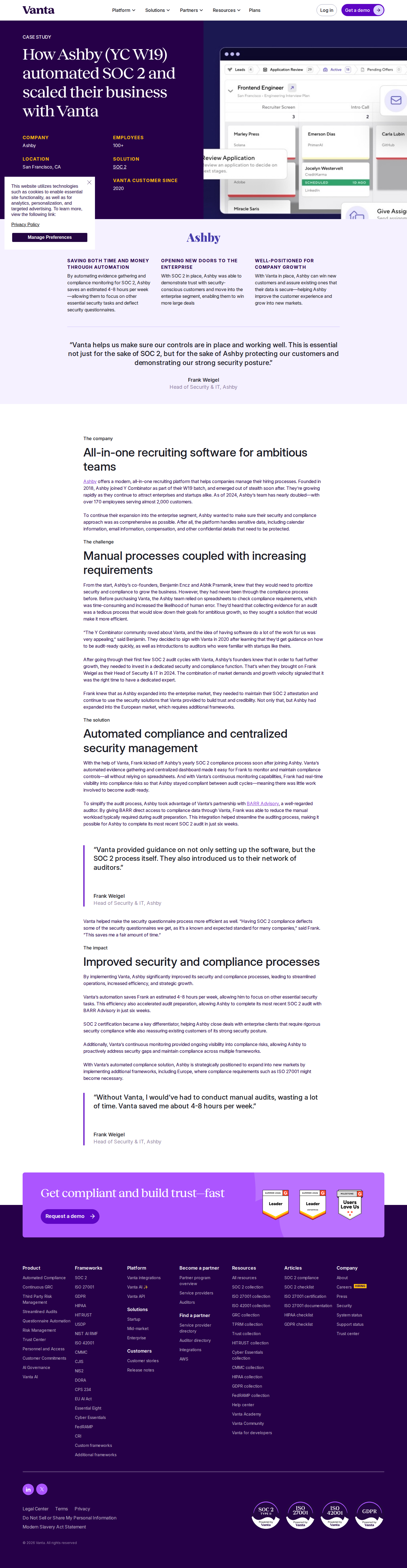 Full screenshot of Vanta x Ashby: SOC 2 compliance unlocks enterprise market