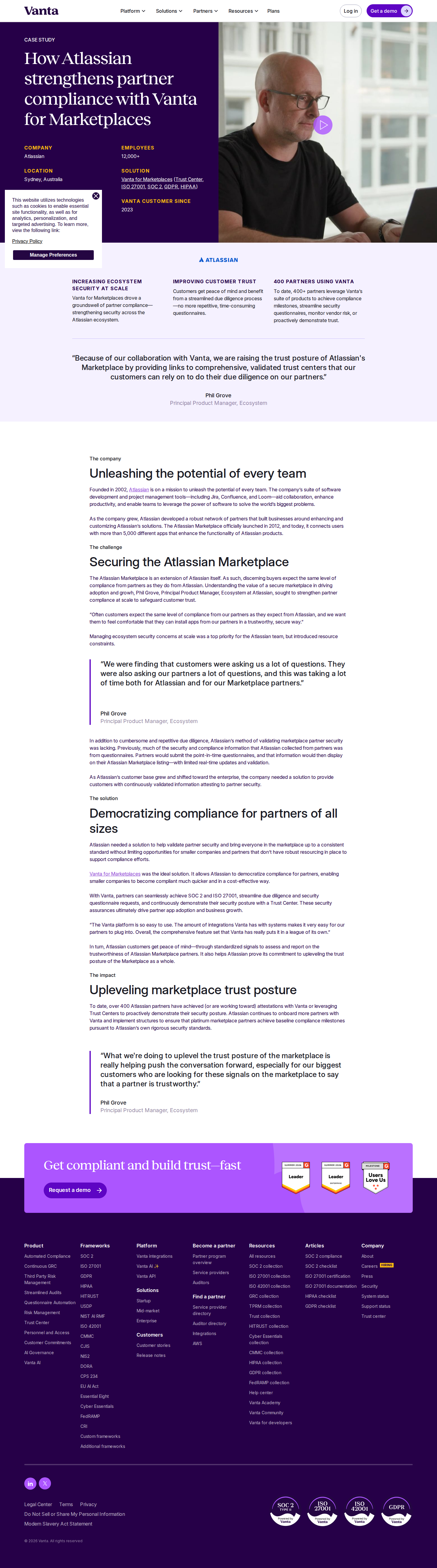 Full screenshot of Vanta x Atlassian, democratizing compliance across a 5,000-app marketplace