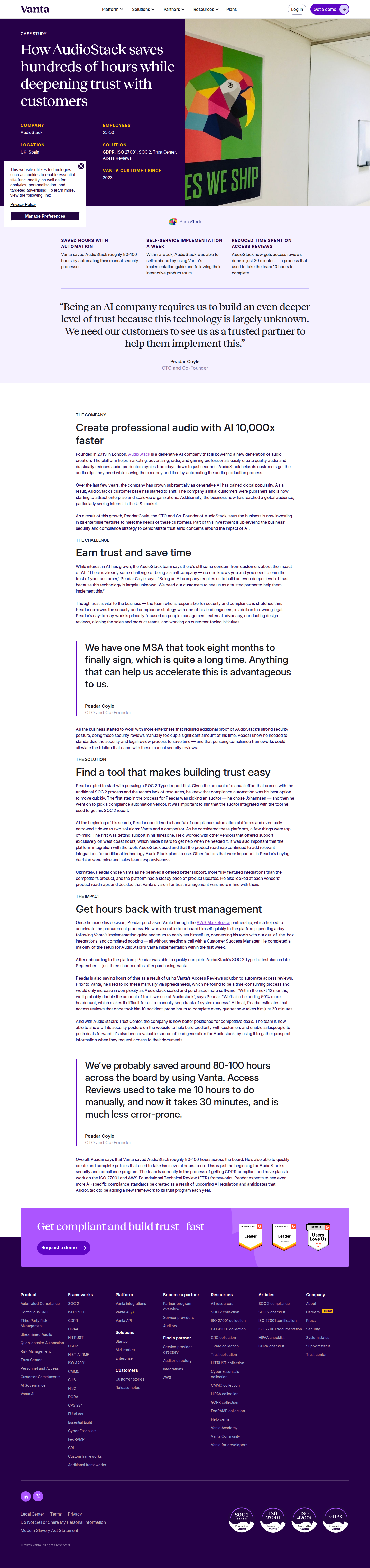 Full screenshot of Vanta x AudioStack: 80-100 hours saved on compliance automation