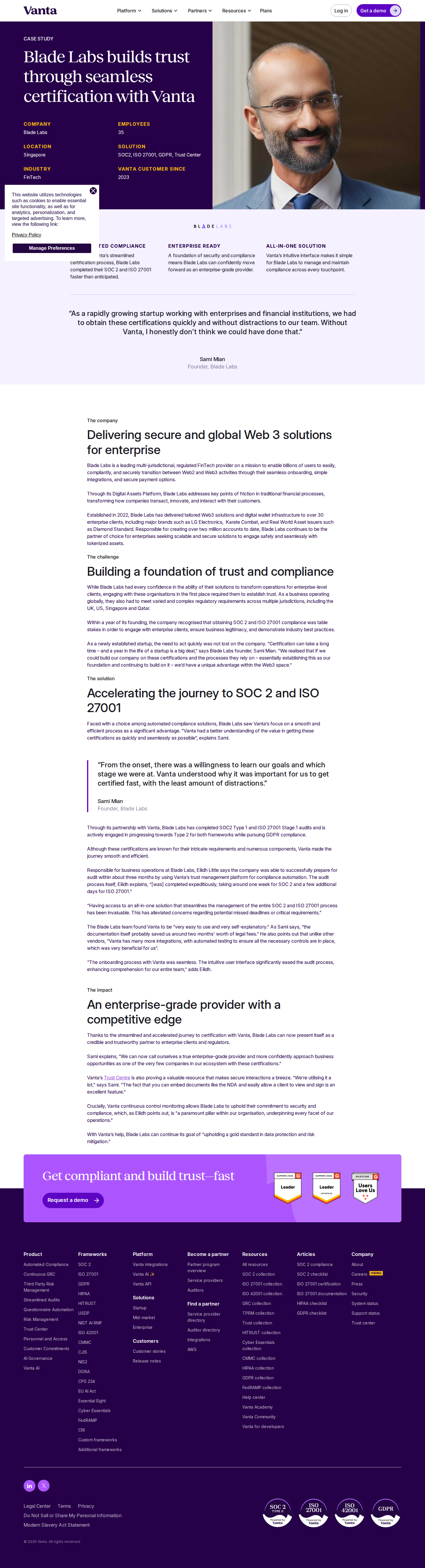 Full screenshot of Vanta x Blade Labs, certifications that unlocked enterprise sales