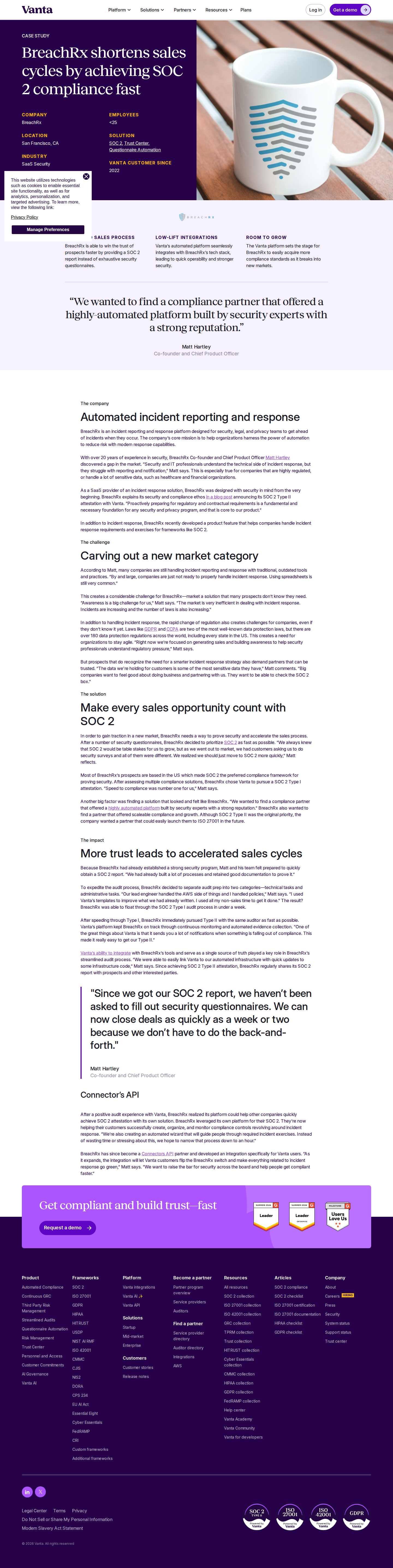 Full screenshot of Vanta x BreachRx: SOC 2 in under a week, sales cycles cut to days