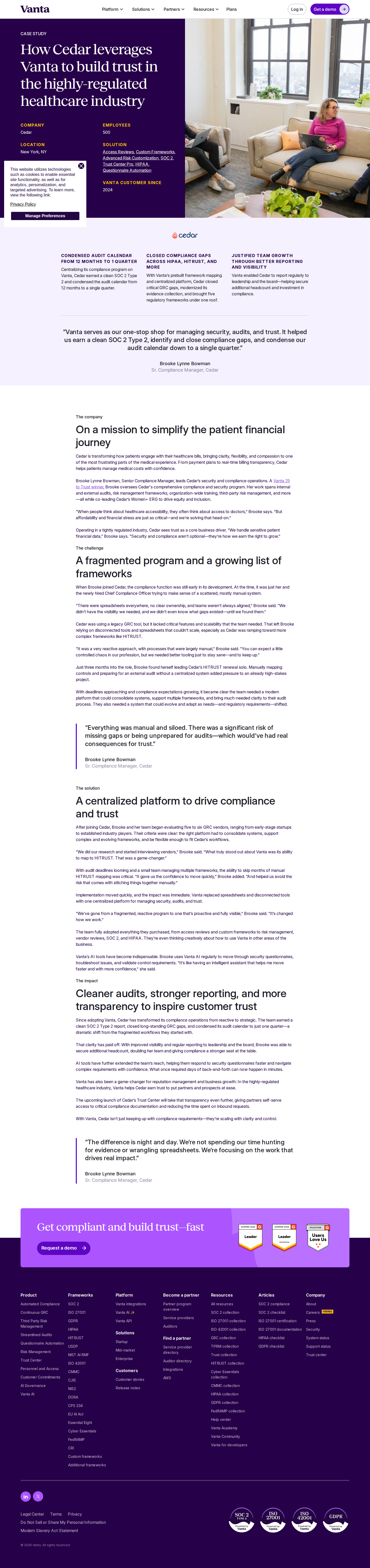 Screenshot of Vanta x Cedar: Compliance chaos to clean audits in one quarter