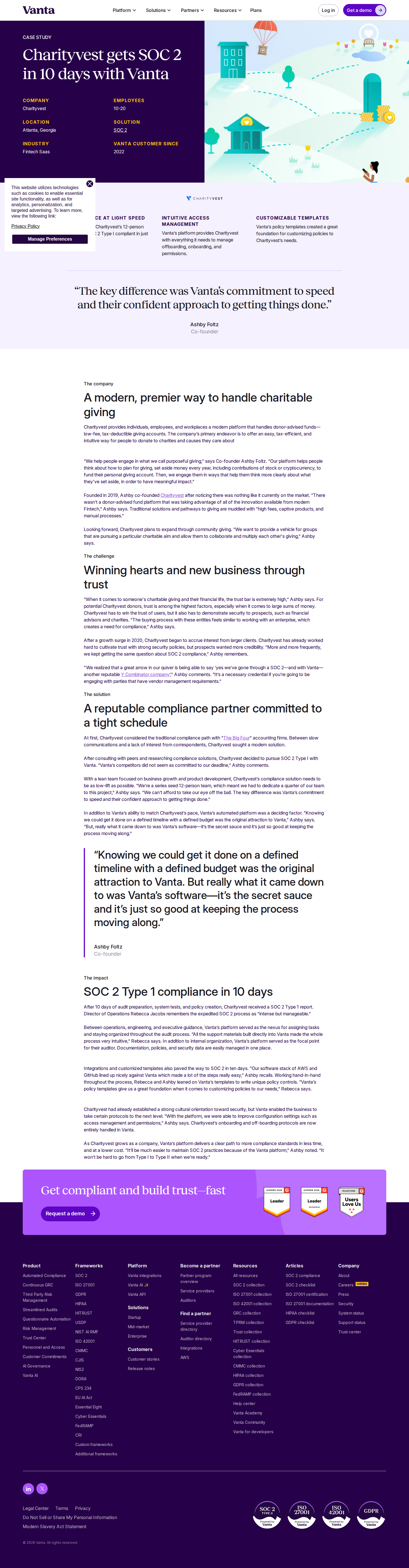Screenshot of Vanta x Charityvest, SOC 2 certified in 10 days