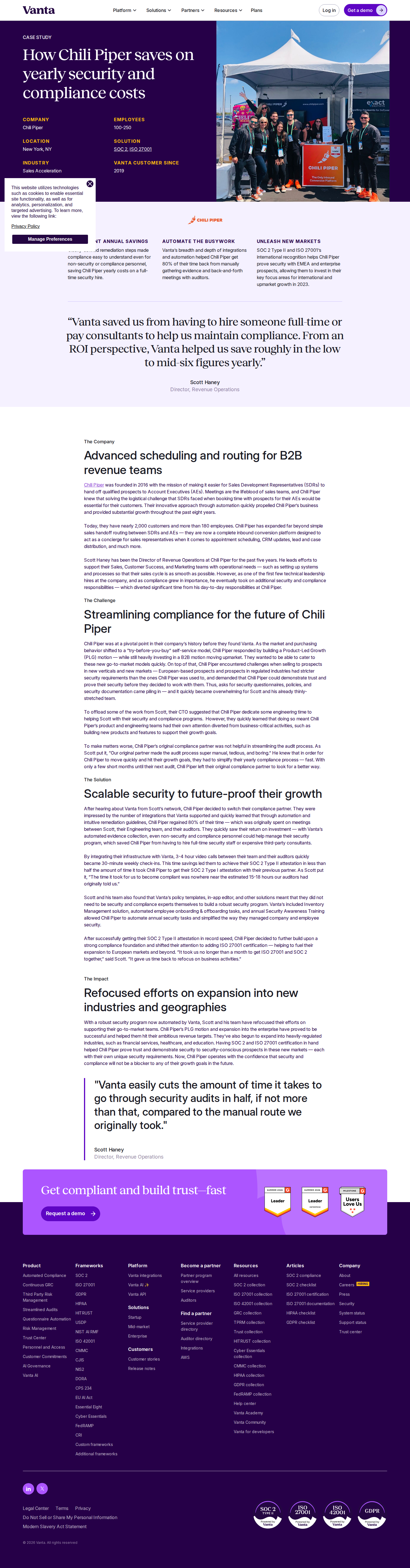 Screenshot of Vanta x Chili Piper, compliance automation frees six figures and opens new markets