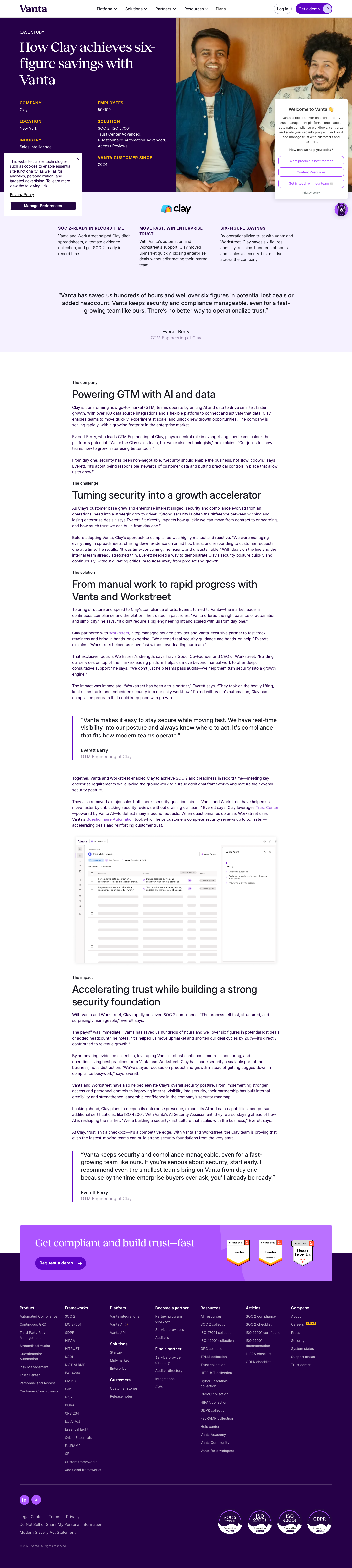 Screenshot of Vanta x Clay, six-figure savings by unblocking enterprise compliance