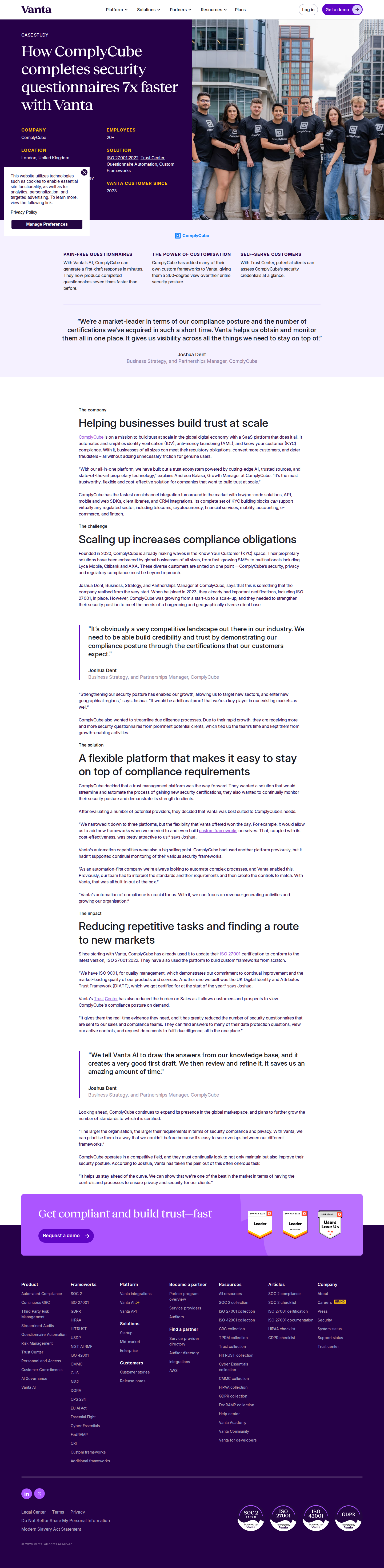 Screenshot of Vanta x ComplyCube, 7x faster security questionnaires