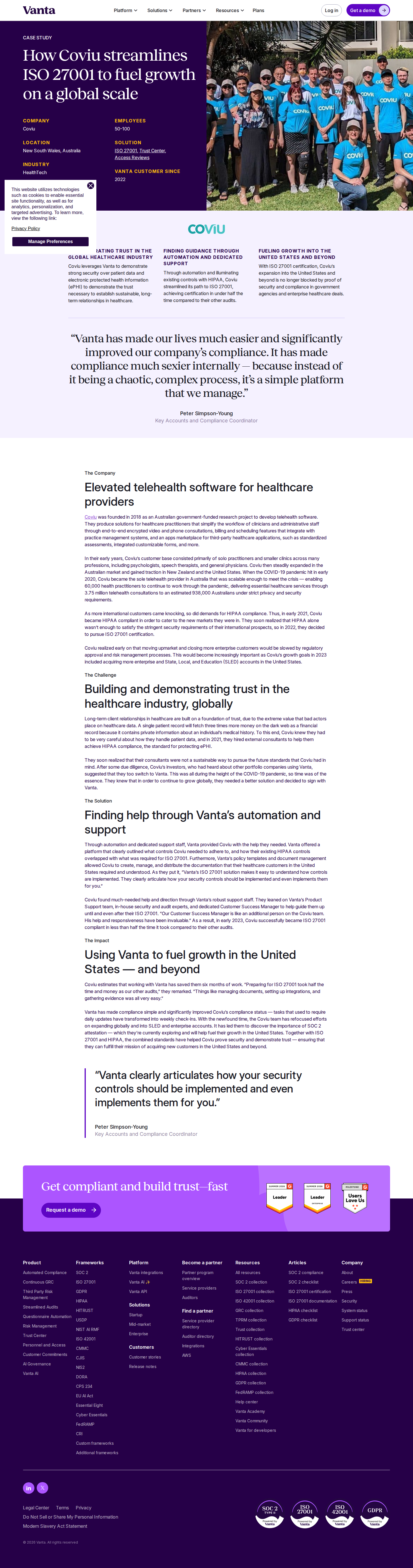 Screenshot of Vanta x Coviu: Compliance certification unlocks US market entry
