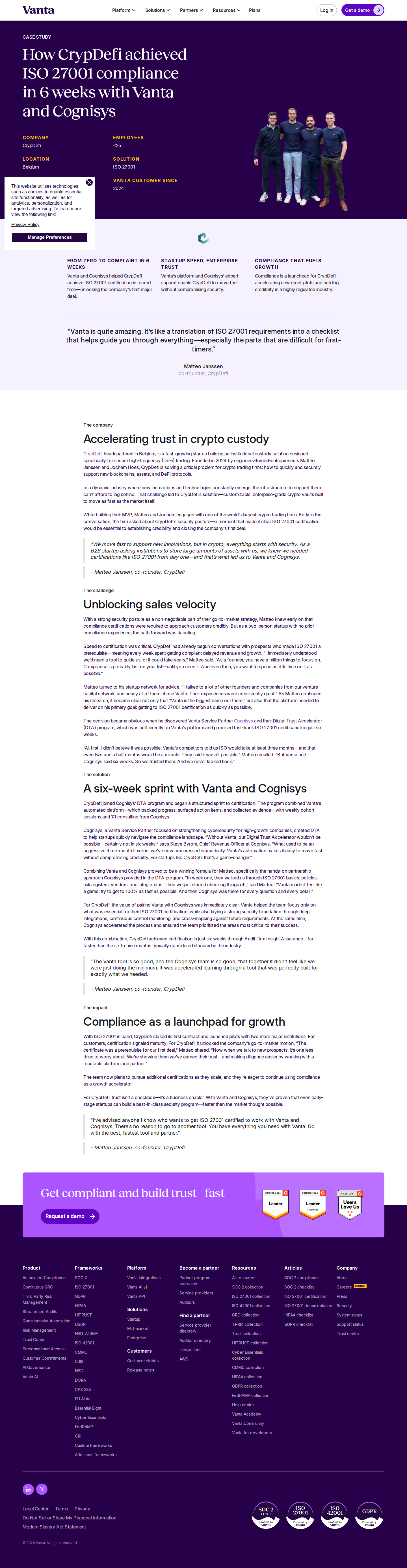 Screenshot of Vanta x CrypDefi, ISO 27001 in 6 weeks unlocks first enterprise deal