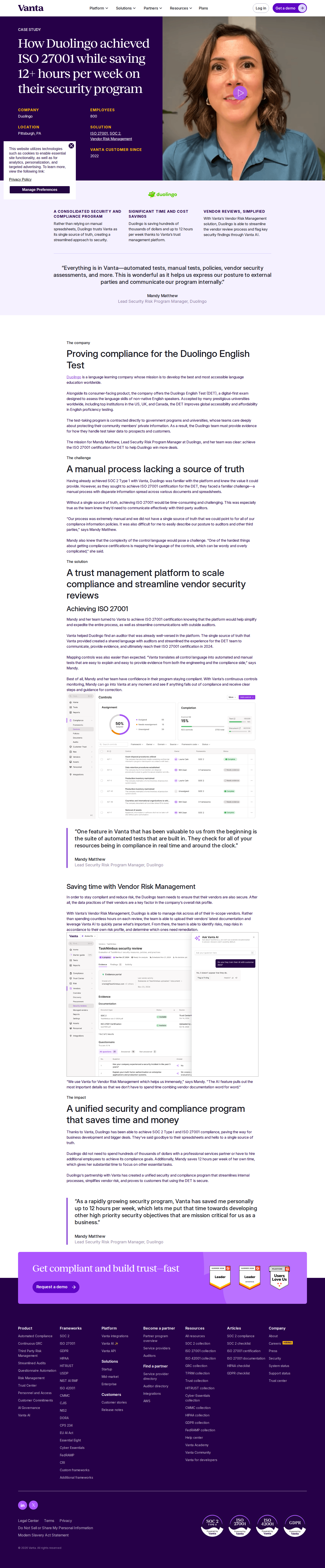Screenshot of Vanta x Duolingo, 12 hours saved weekly on compliance