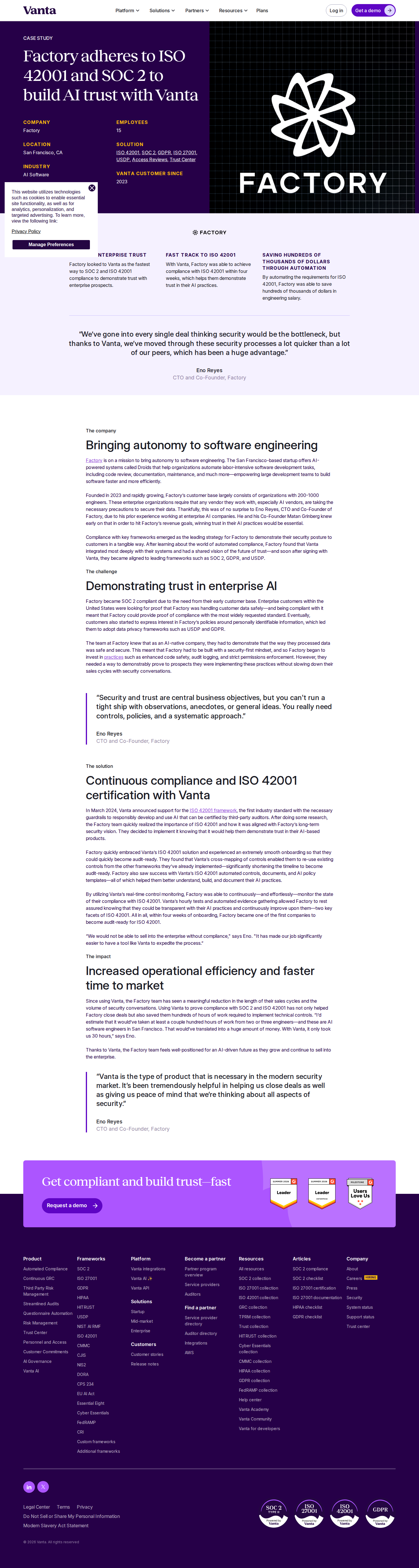 Screenshot of Vanta x Factory, ISO 42001 compliance in four weeks unlocks enterprise sales