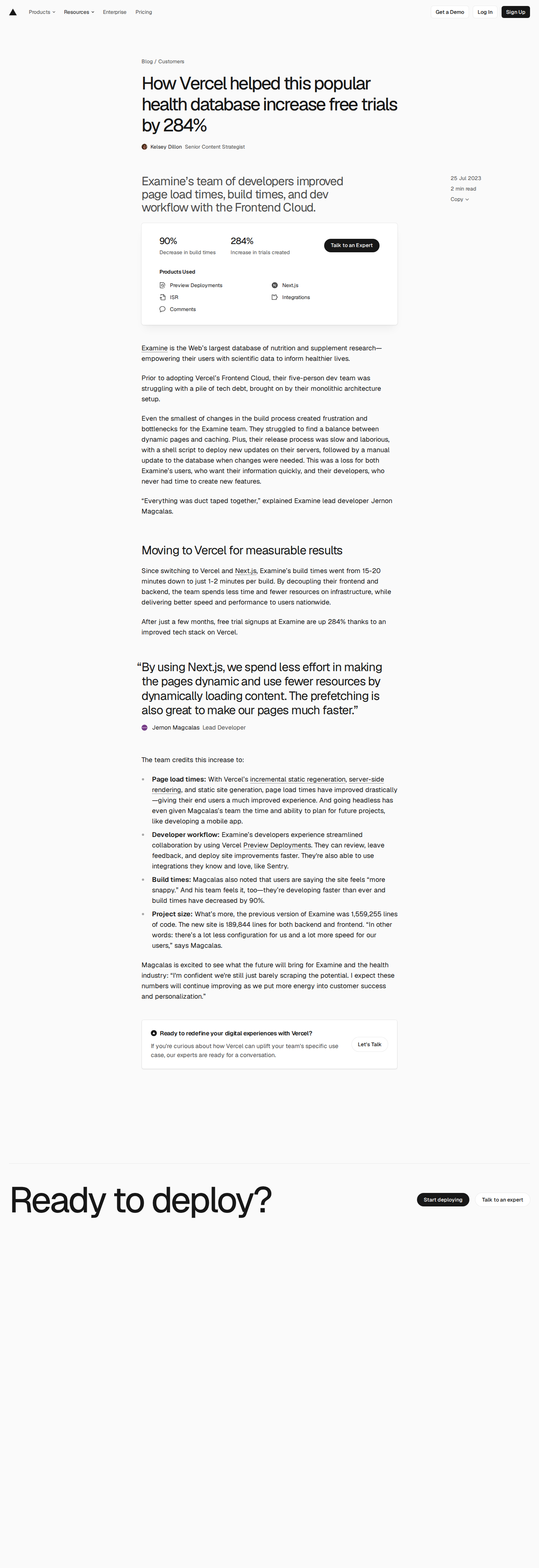 Screenshot of Vercel x Examine, 284% more free trials from a faster frontend