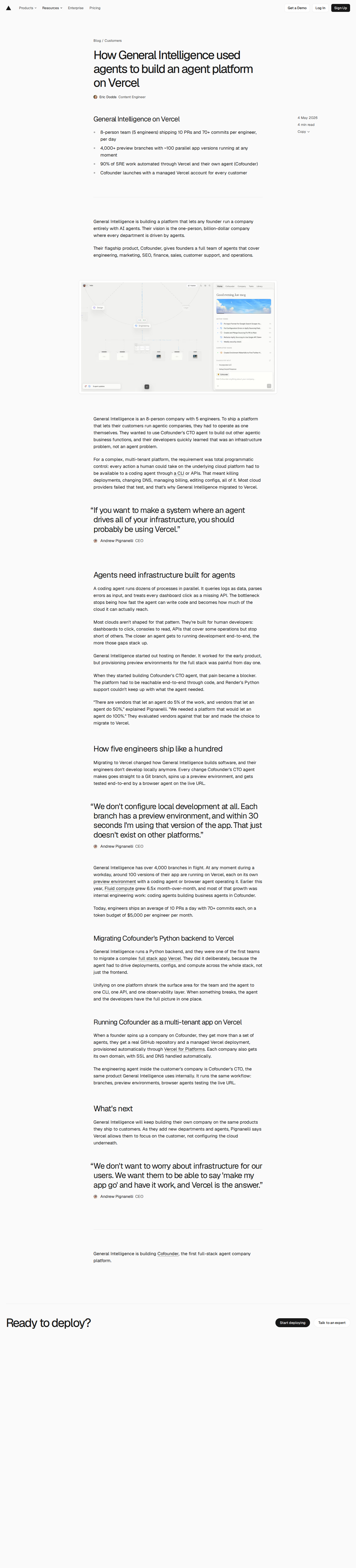 Screenshot of Vercel x General Intelligence, building an agent platform with agents