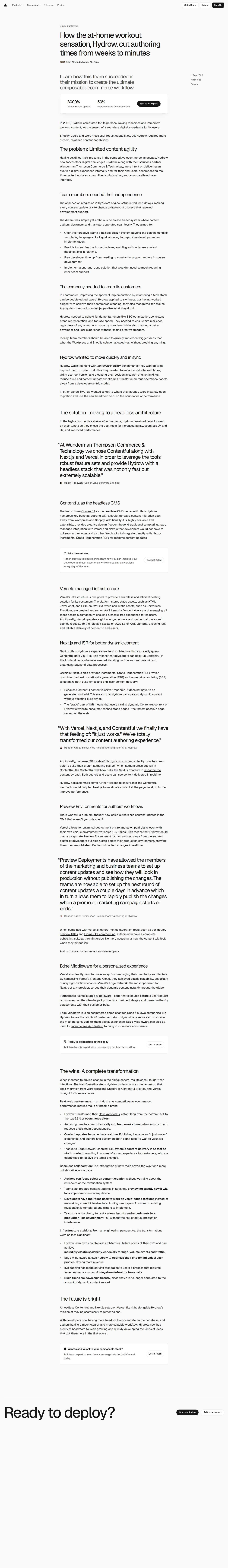 Screenshot of Vercel x Hydrow, from weeks to minutes for content authoring