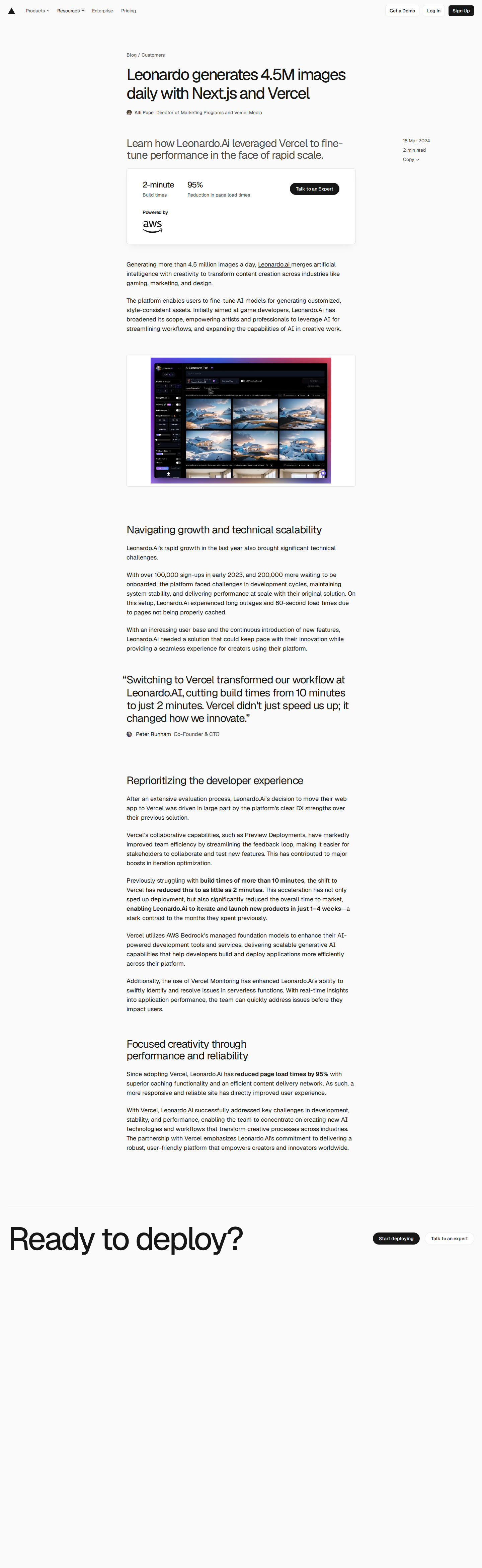 Full screenshot of Vercel x Leonardo.Ai, from 60-second loads to 95% faster at 4.5M images a day