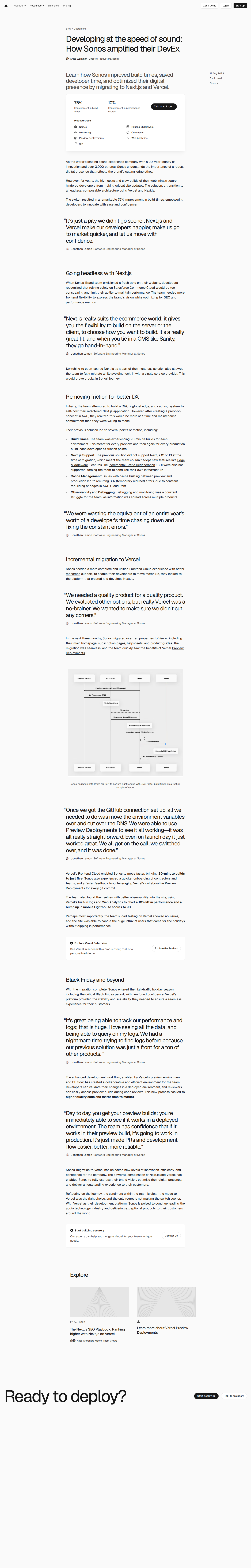Full screenshot of Vercel x Sonos, 20-minute builds cut to five after migration