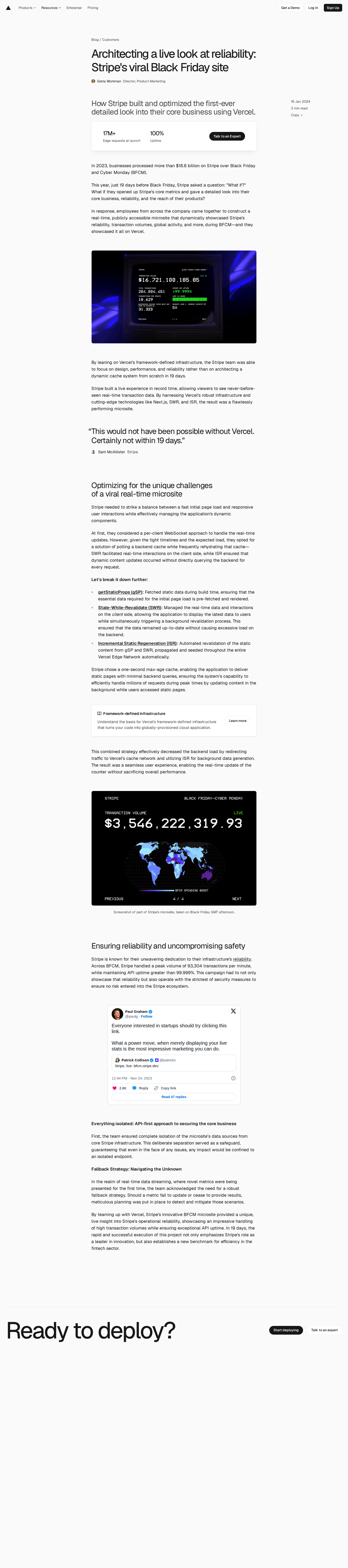 Full screenshot of Vercel x Stripe, real-time BFCM microsite built in 19 days