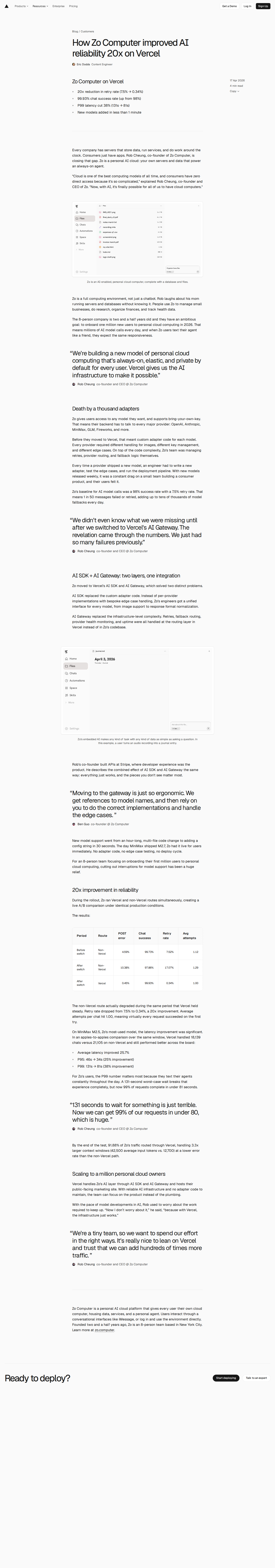 Screenshot of Vercel x Zo Computer, 20x reliability gain for an 8-person AI team